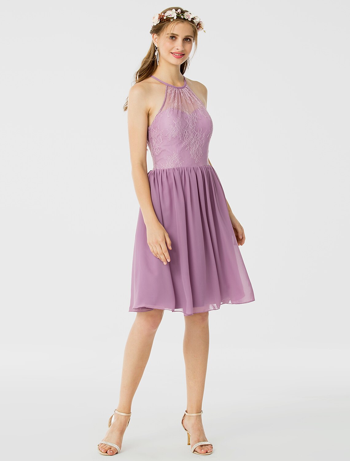 A-Line / Princess Halter Neck Knee Length Chiffon / Corded Lace Bridesmaid Dress with Sash / Ribbon / Pleats