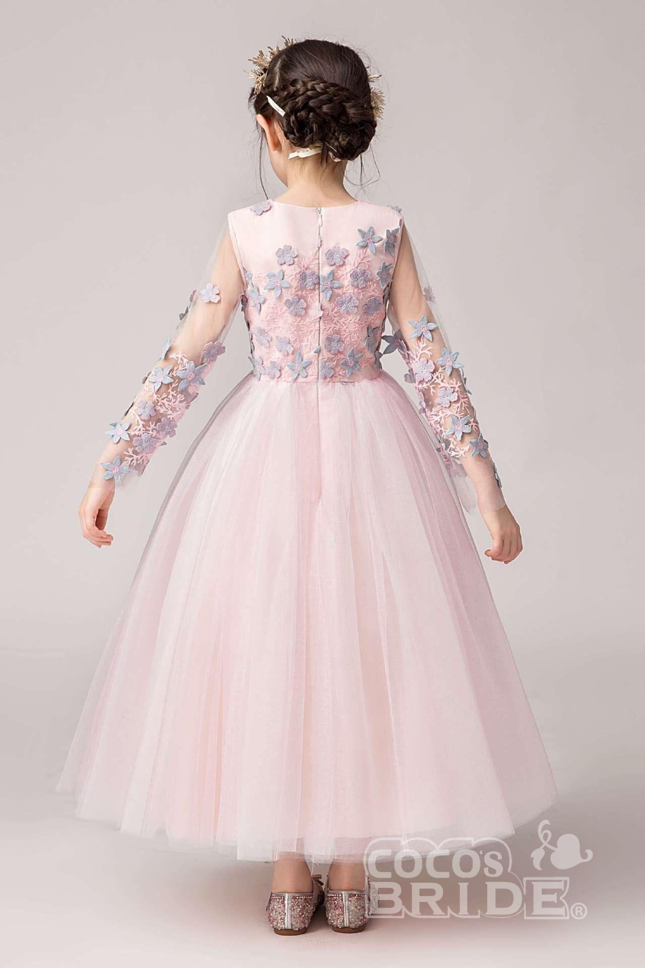 Pink Long Sleeves Ball Gown Flower Girls Dress