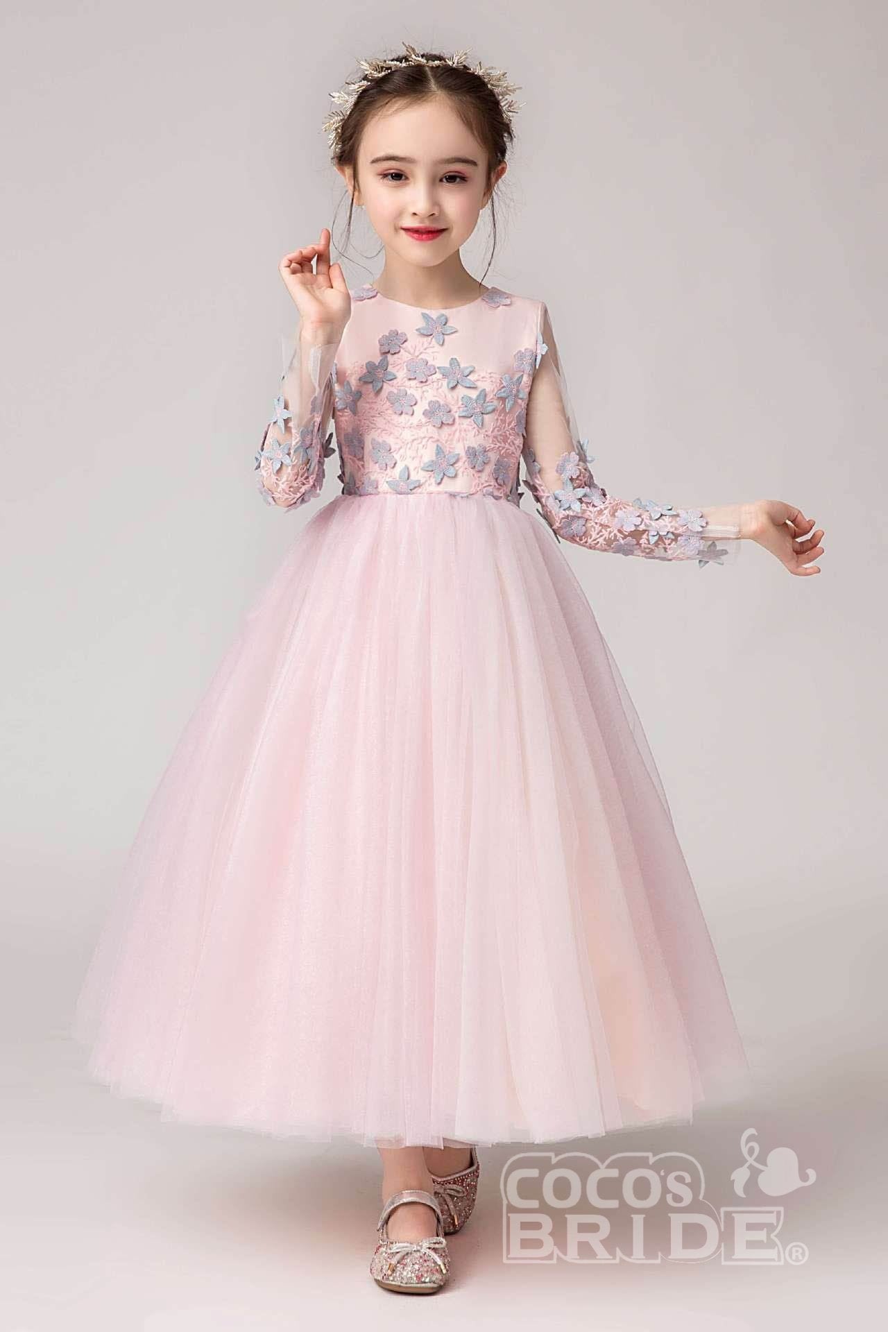 Pink Long Sleeves Ball Gown Flower Girls Dress