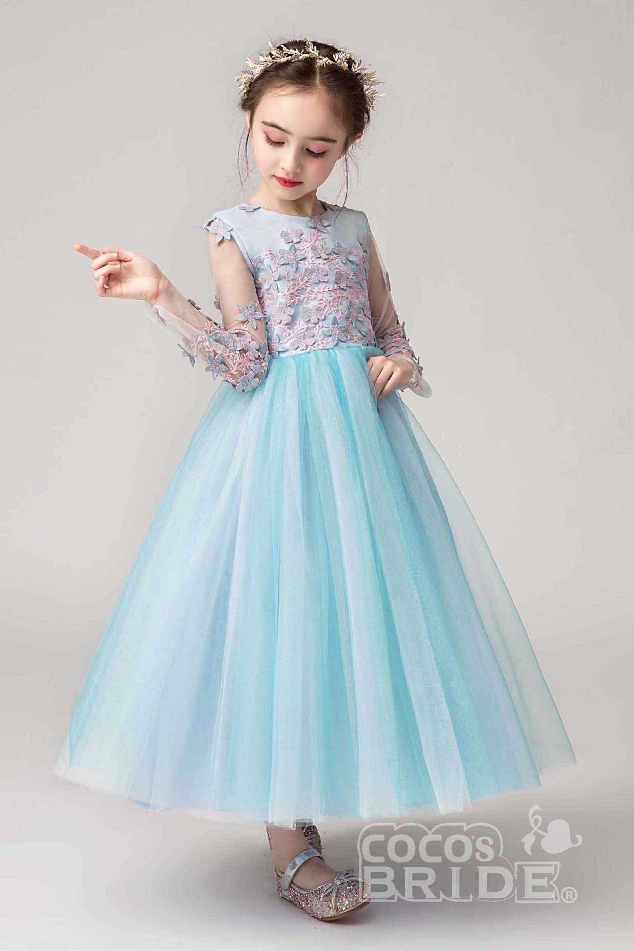 Pink Long Sleeves Ball Gown Flower Girls Dress