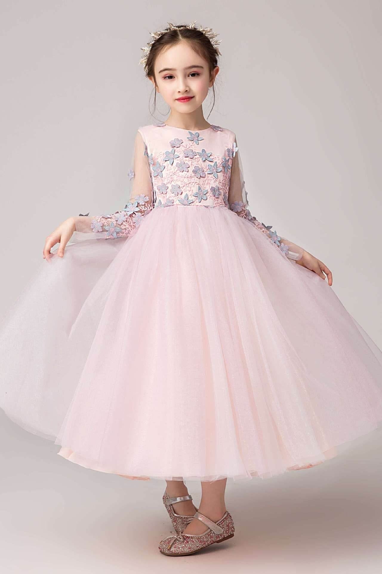 Pink Long Sleeves Ball Gown Flower Girls Dress