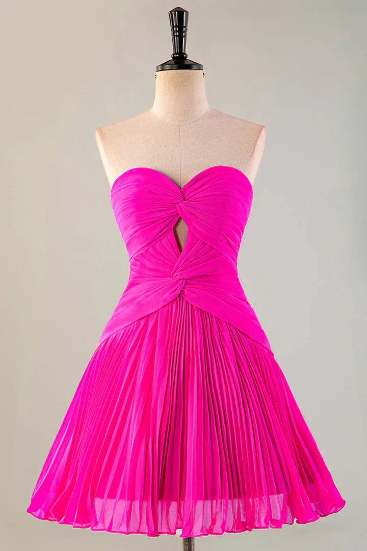 A pleated strapless back to school dress with keyhole