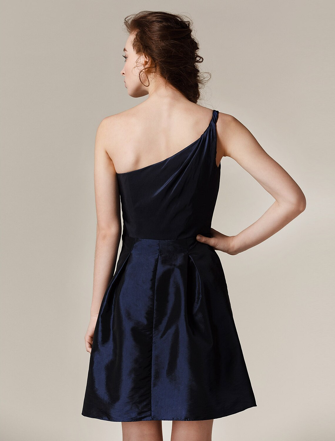 A-Line / Princess One Shoulder Short / Mini Taffeta Bridesmaid Dress with Pleats