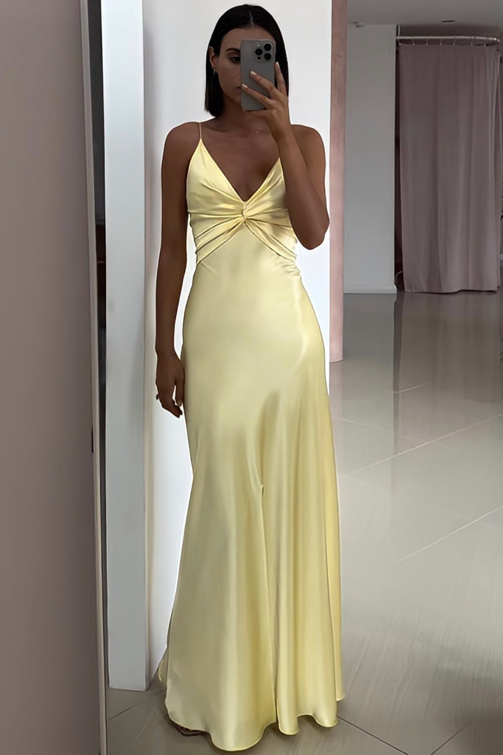 A Line Spaghetti Straps Yellow Long Party Dresses