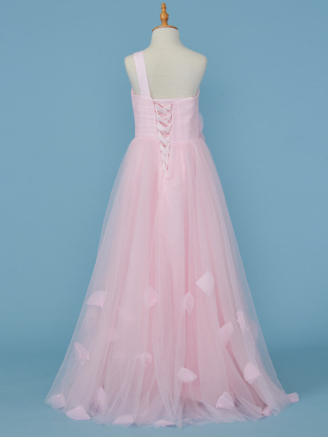 Princess A-Line One Shoulder Flower Girl Dress With Pleats and Appliques