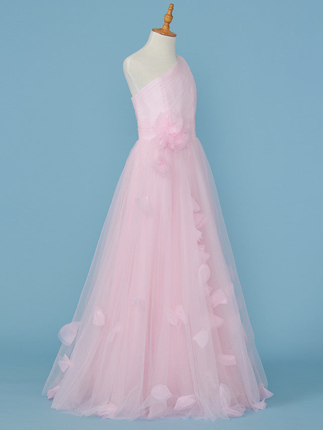 Princess A-Line One Shoulder Flower Girl Dress With Pleats and Appliques