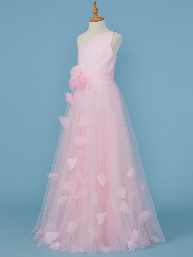 Princess A-Line One Shoulder Flower Girl Dress With Pleats and Appliques