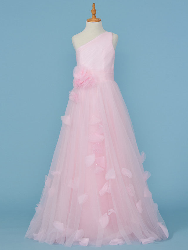 Princess A-Line One Shoulder Flower Girl Dress With Pleats and Appliques