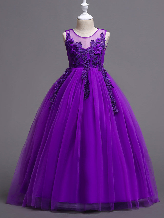 Princess Lace Print Tulle Sleeveless Floor Length Flower Girl Dresses