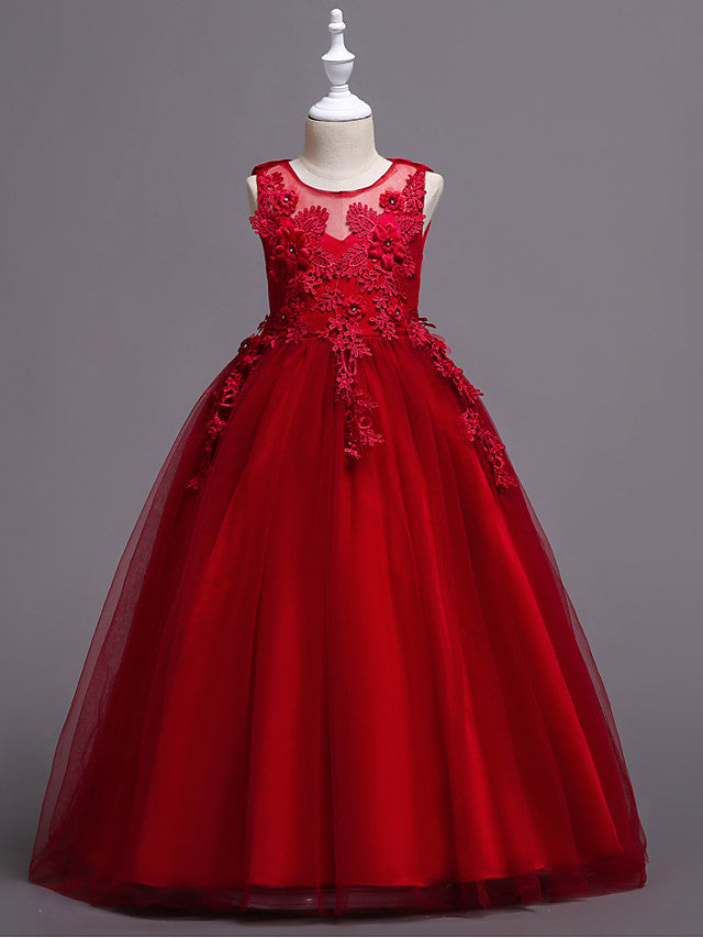 Princess Lace Print Tulle Sleeveless Floor Length Flower Girl Dresses