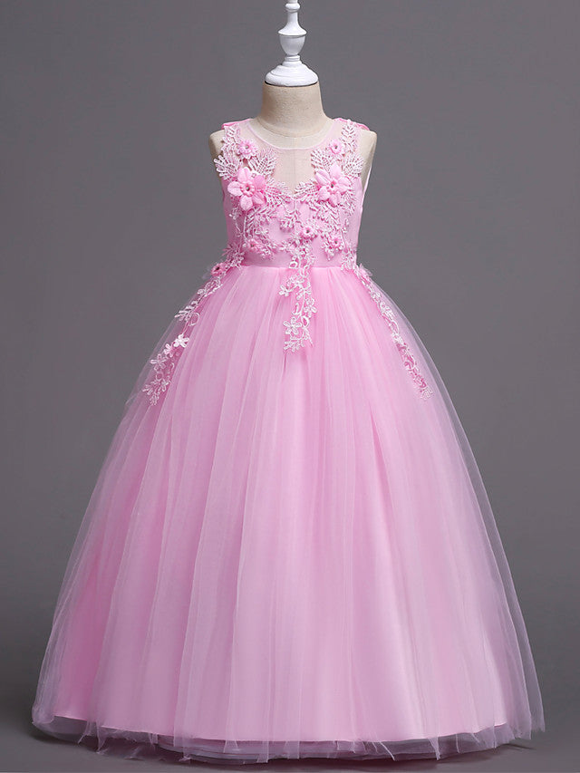 Princess Lace Print Tulle Sleeveless Floor Length Flower Girl Dresses