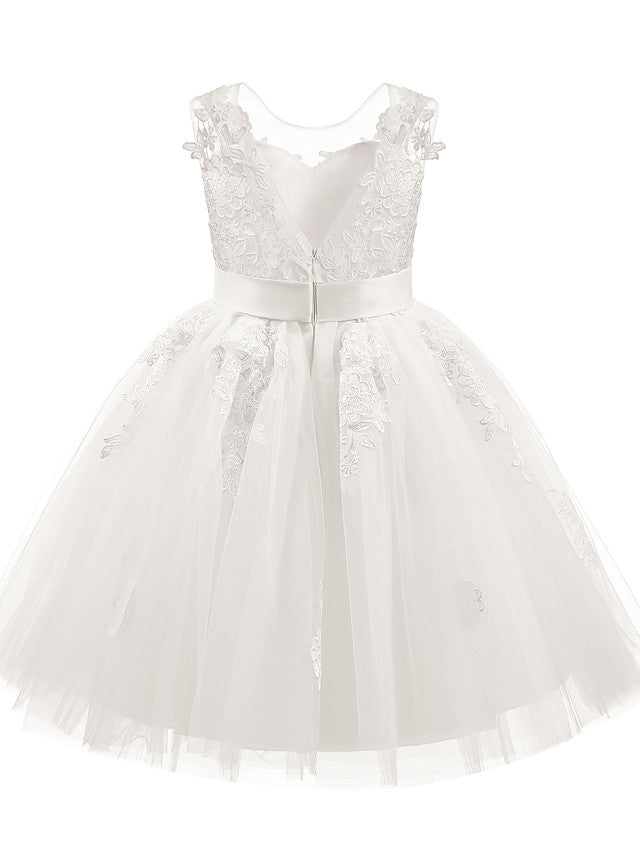 Princess Short Sleeved Scoop Neck Flower Girl Dress With Appliques