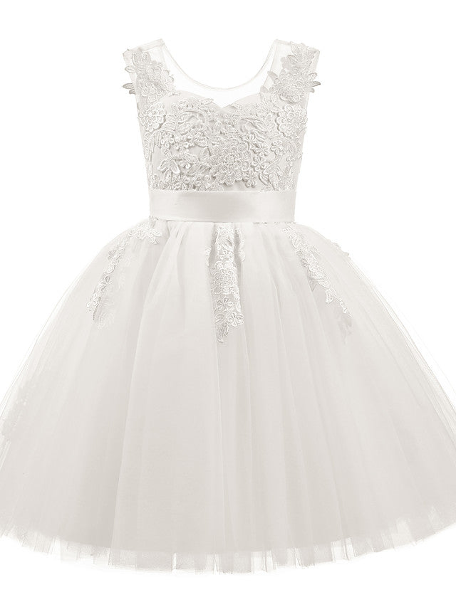Princess Short Sleeved Scoop Neck Flower Girl Dress With Appliques