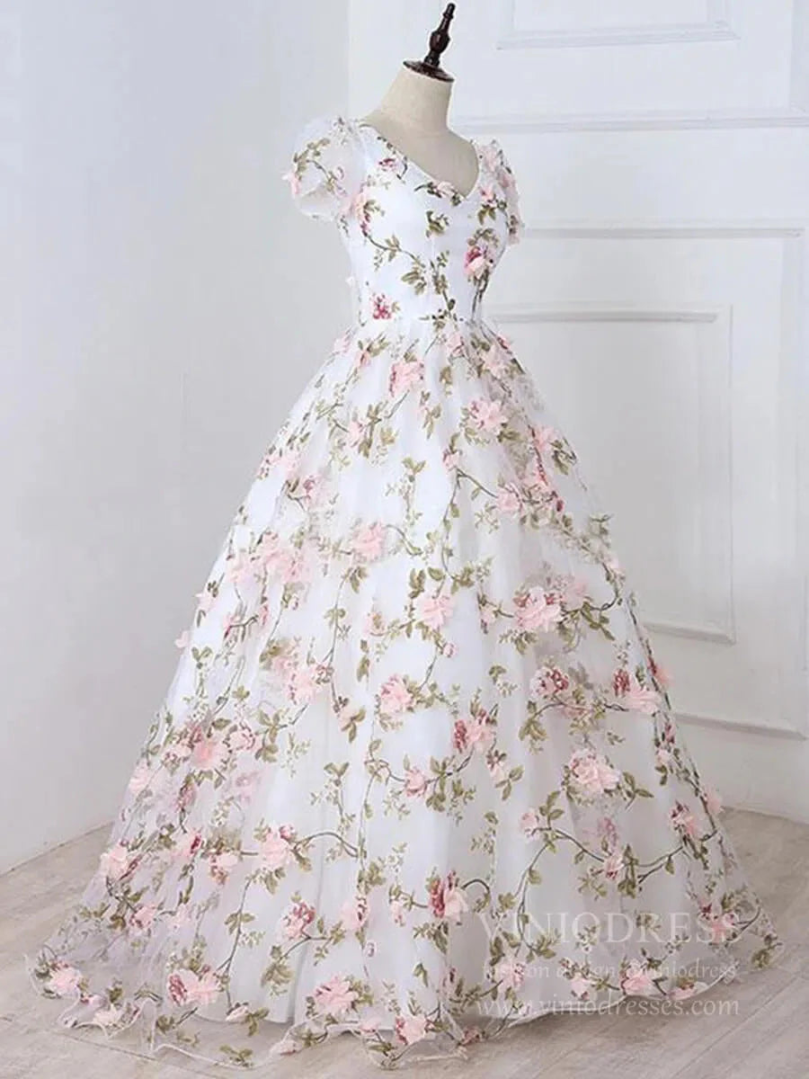 3D Floral Prom Dresses for Teens V-neck Flower Blossom Ball Gowns FD1685