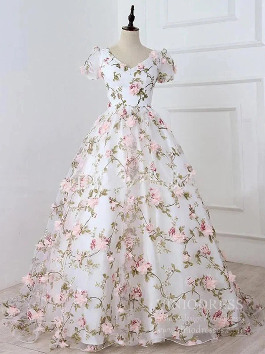 3D Floral Prom Dresses for Teens V-neck Flower Blossom Ball Gowns FD1685