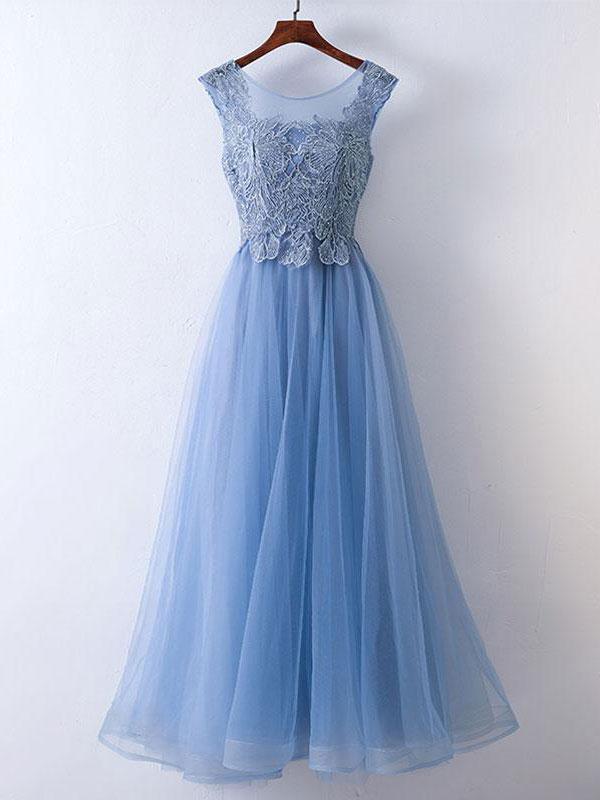 A-line Illusion Floor-Length Tulle Appliqued Rhine Stone Prom Dress Beautiful Wholesale