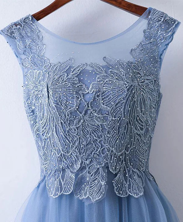 A-line Illusion Floor-Length Tulle Appliqued Rhine Stone Prom Dress Beautiful Wholesale