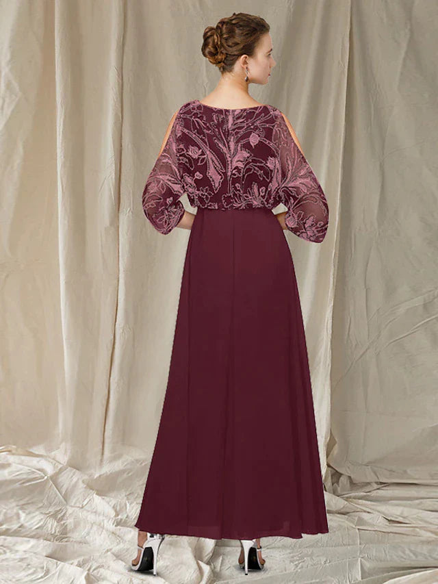 A-Line Mother of the Bride Dress Elegant Jewel Neck Floor Length Chiffon Lace Half Sleeve with Appliques