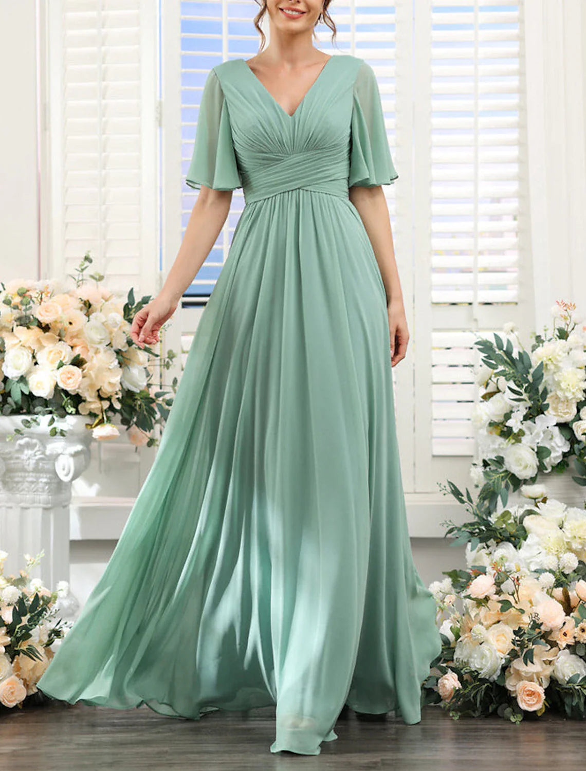 A-Line Bridesmaid Dress V Neck Short Sleeve Elegant Floor Length Chiffon