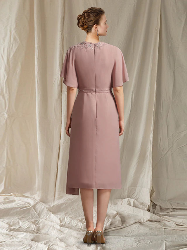 A-Line Mother of the Bride Dress Elegant Jewel Neck Knee Length Chiffon Short Sleeve with Sash / Ribbon Beading