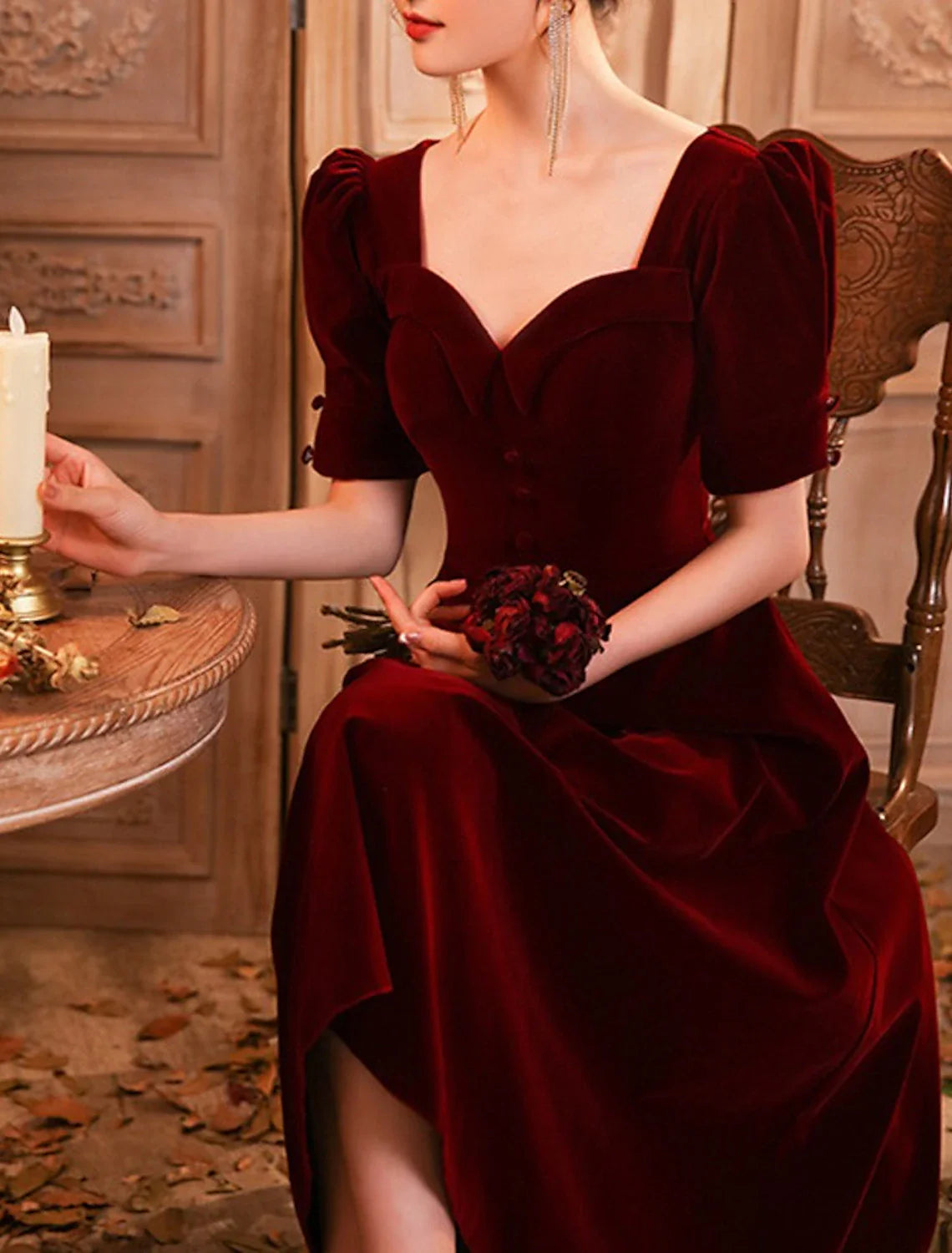 A-Line Cocktail Dresses Elegant Dress Wedding Guest Homecoming Tea Length Half Sleeve Scoop Neck Velvet with Buttons