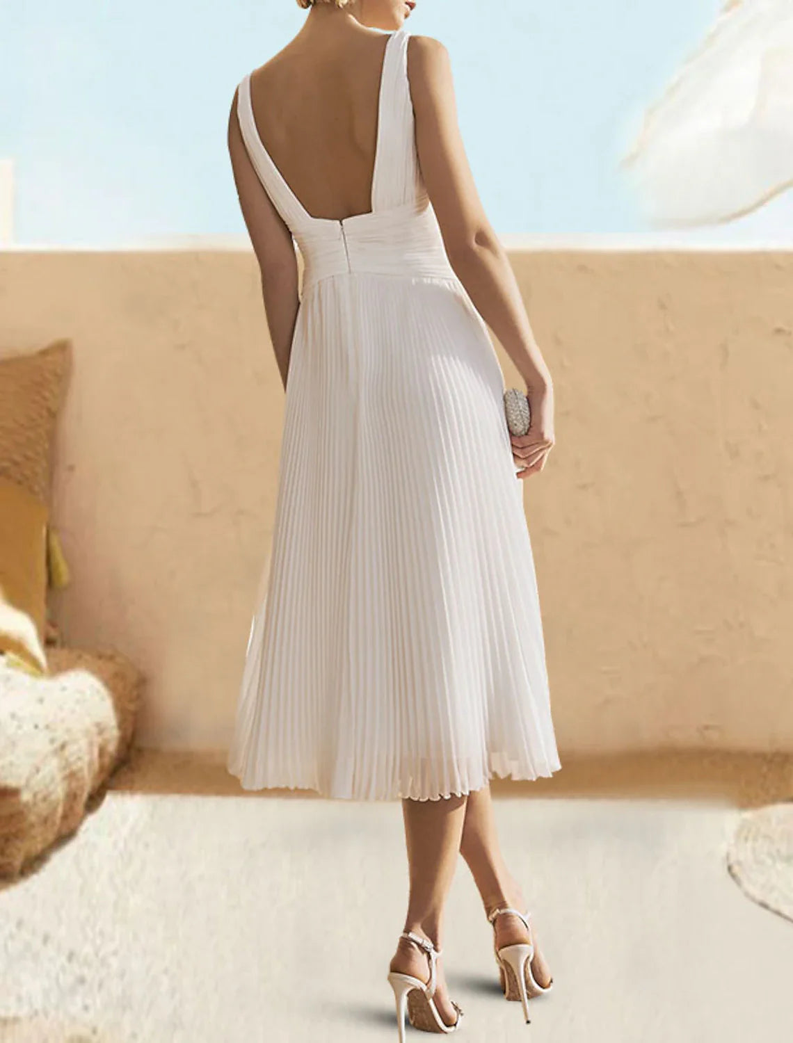 A-Line Cocktail Dresses Open Back Dress Formal Wedding Guest Tea Length Sleeveless V Neck Chiffon with Ruched Pure Color 2025