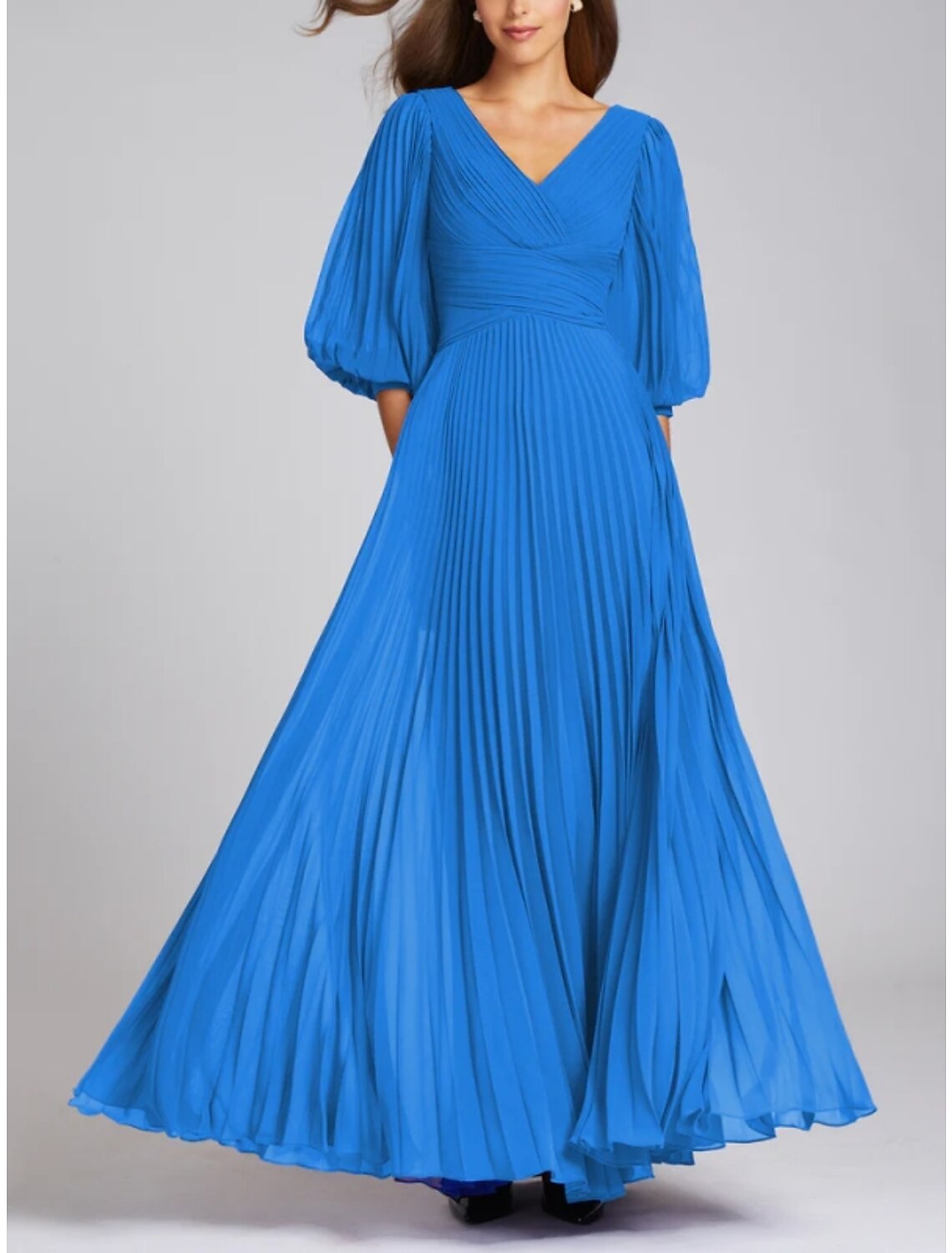 A-Line Evening Gown Elegant Dress Formal Floor Length Half Sleeve V Neck Chiffon with Pleats Ruched