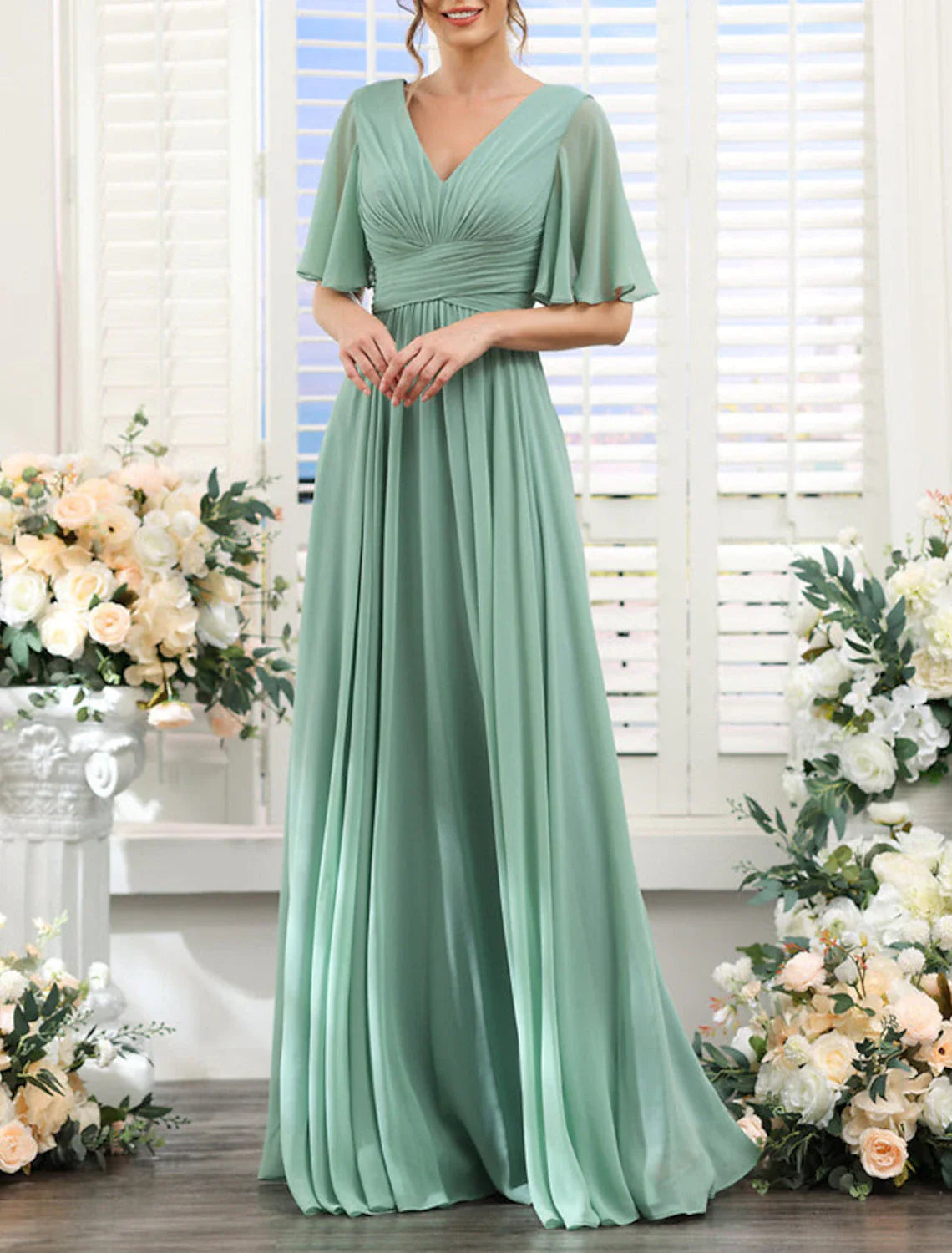A-Line Bridesmaid Dress V Neck Short Sleeve Elegant Floor Length Chiffon