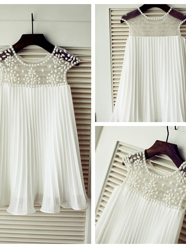 Short Sleeve A-Line Flower Girl Dress with Beading and Draping