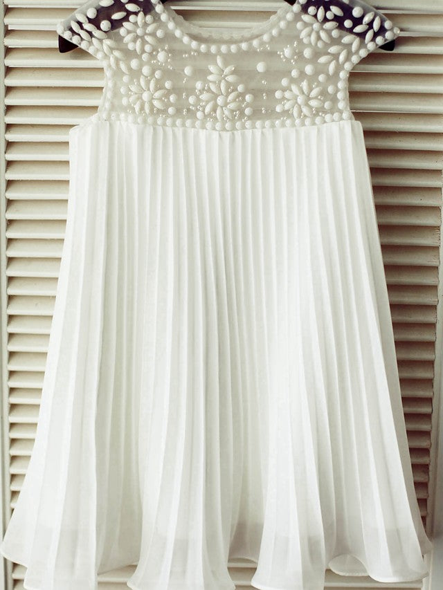 Short Sleeve A-Line Flower Girl Dress with Beading and Draping