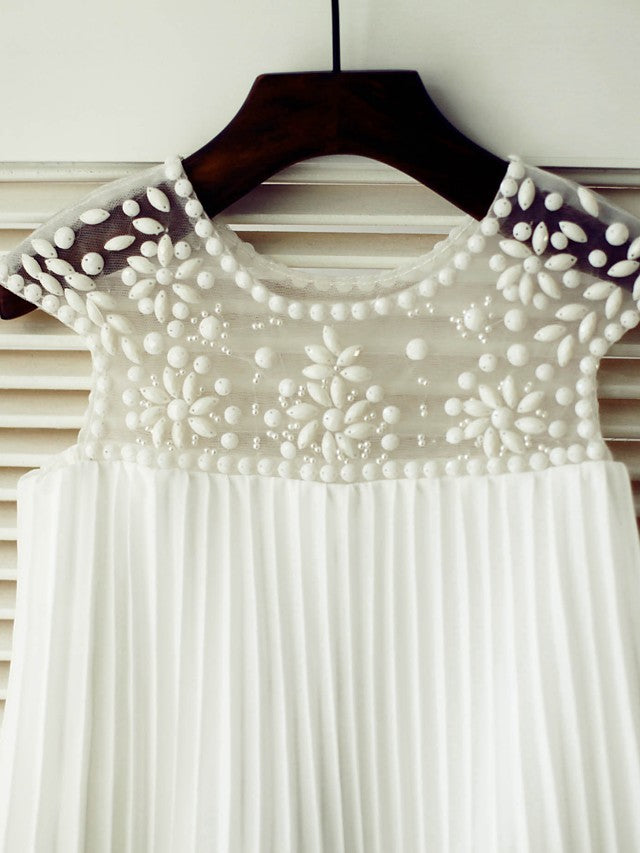 Short Sleeve A-Line Flower Girl Dress with Beading and Draping