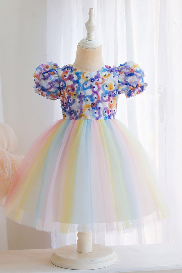 Short Sleeve Ball Gown Flower Girl Dress with Bow Appliques by Scoop