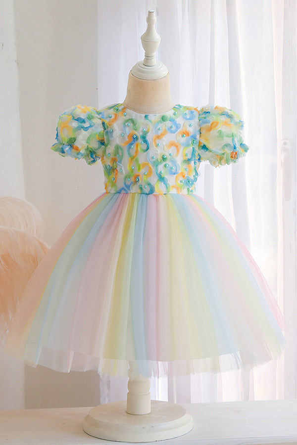 Short Sleeve Ball Gown Flower Girl Dress with Bow Appliques by Scoop