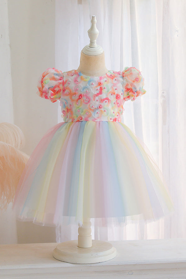 Short Sleeve Ball Gown Flower Girl Dress with Bow Appliques by Scoop