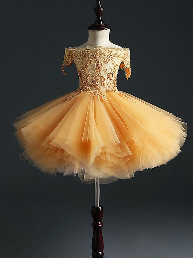 Short Sleeve Off Shoulder Flower Girl Dress With Appliques