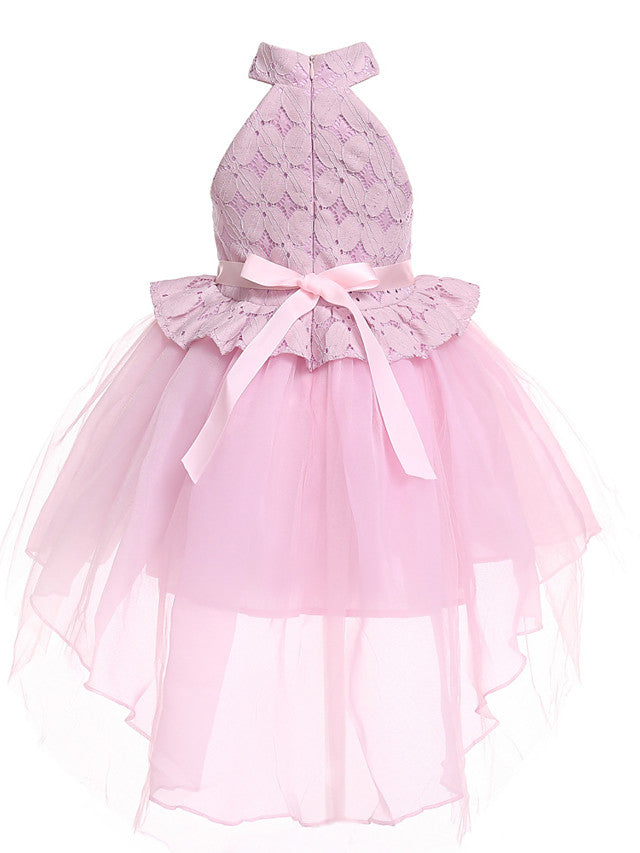 Sleeveless Halter Neck Pageant Dress with Petal Lace and Organza Tulle