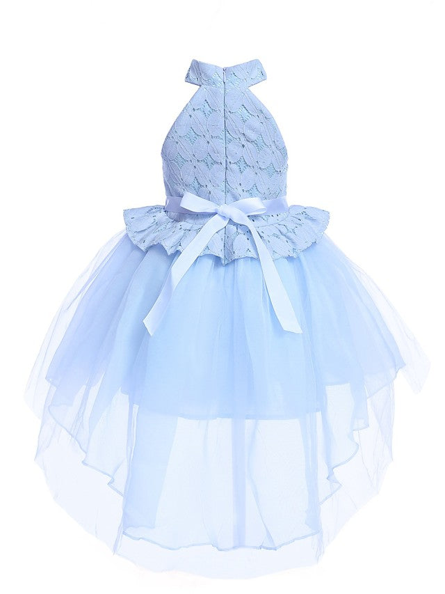 Sleeveless Halter Neck Pageant Dress with Petal Lace and Organza Tulle