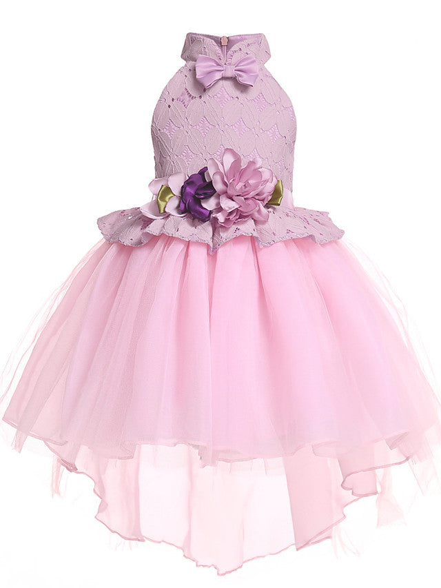 Sleeveless Halter Neck Pageant Dress with Petal Lace and Organza Tulle