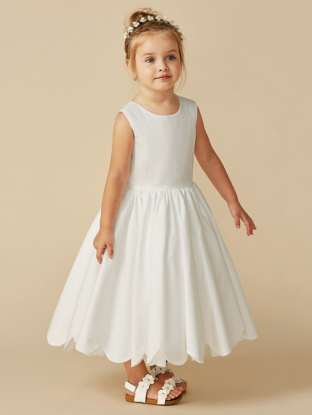 Sleeveless Jewel A-Line Tea Length Flower Girl Dress with Taffeta Sash and Pleats