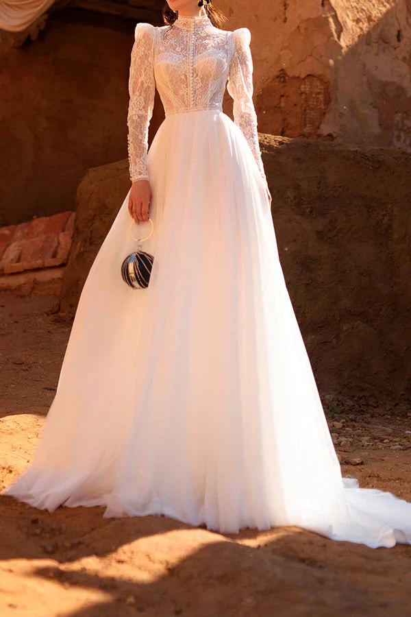 A Line Muslim high necked lace long sleeved retro wedding dress