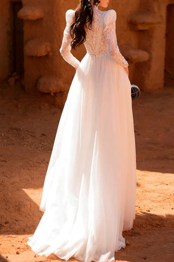 A Line Muslim high necked lace long sleeved retro wedding dress