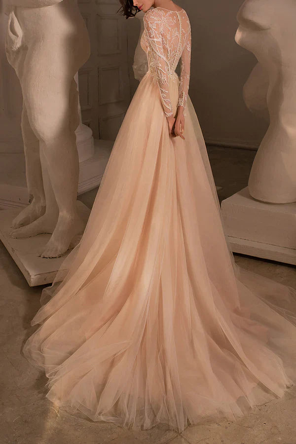 A-line illusion neckline lace embroidery long sleeved bohemian style wedding dress