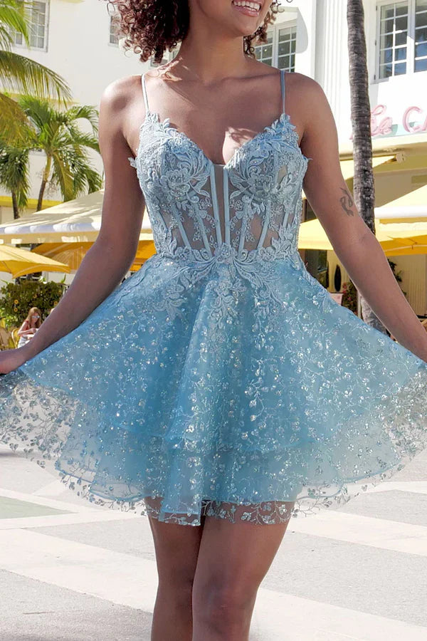 A line thin shoulder strap with full body lace, cute Homecoming dress