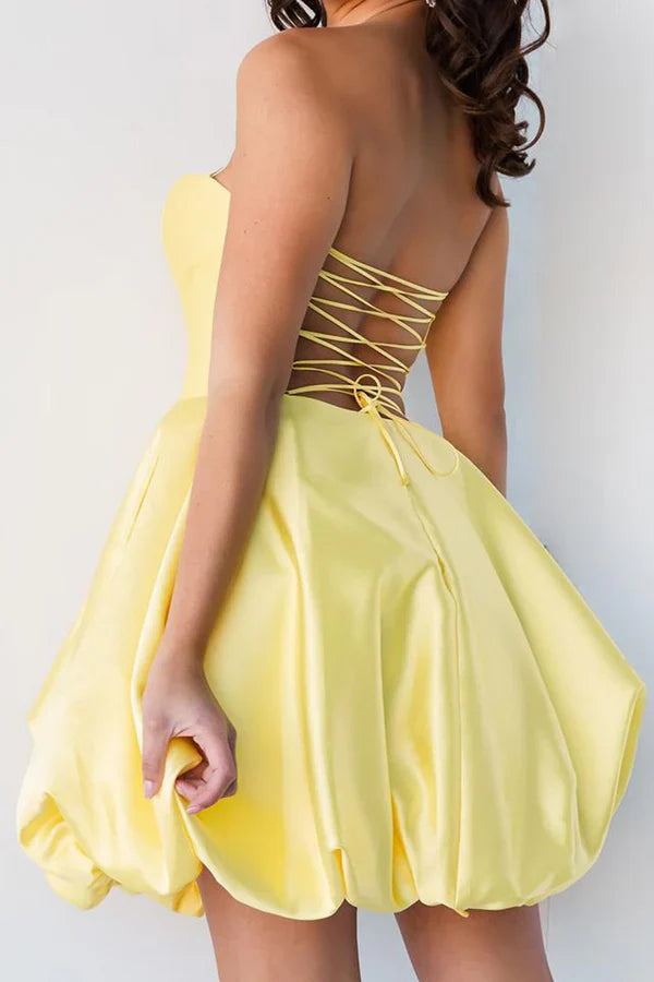 A line Sweetheart Satin Yellow Cute Homecoming Dress