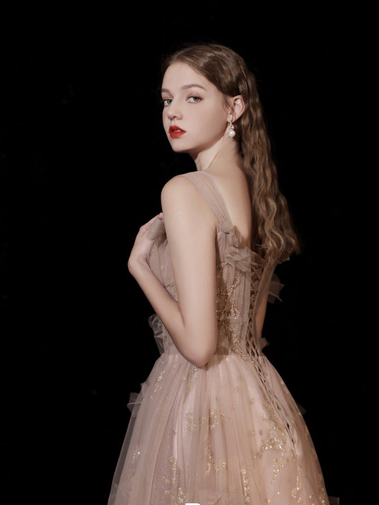 A-Line Champagne Tulle Lace Long Prom Dress, Champagne Long Evening Dress