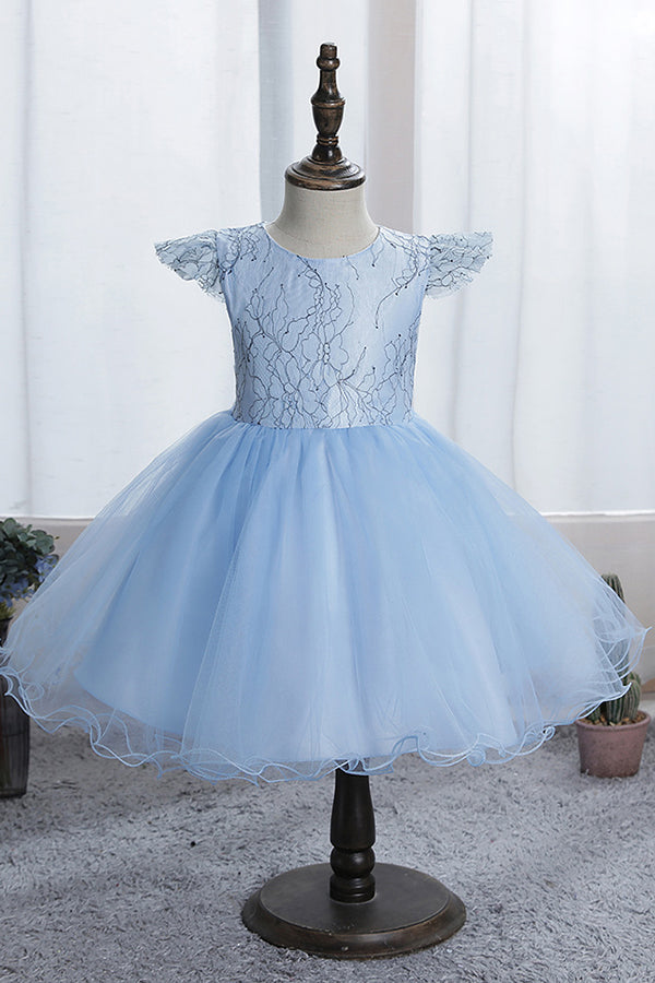 Stunning Blue Short Sleeves Jewel Flower Girl Dress with Appliques