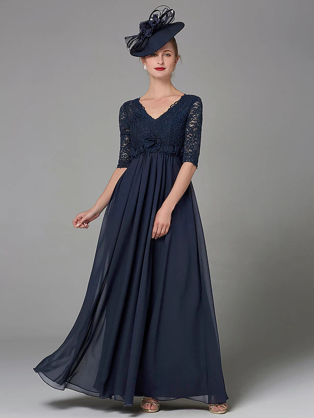 A-Line Mother of the Bride Dress Elegant & Luxurious V Neck Floor Length Chiffon Lace Half Sleeve with Lace