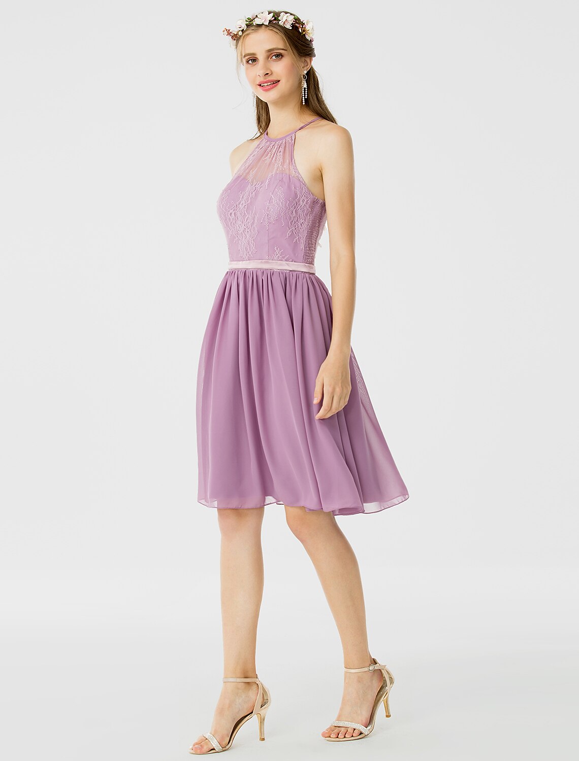 A-Line / Princess Halter Neck Knee Length Chiffon / Corded Lace Bridesmaid Dress with Sash / Ribbon / Pleats