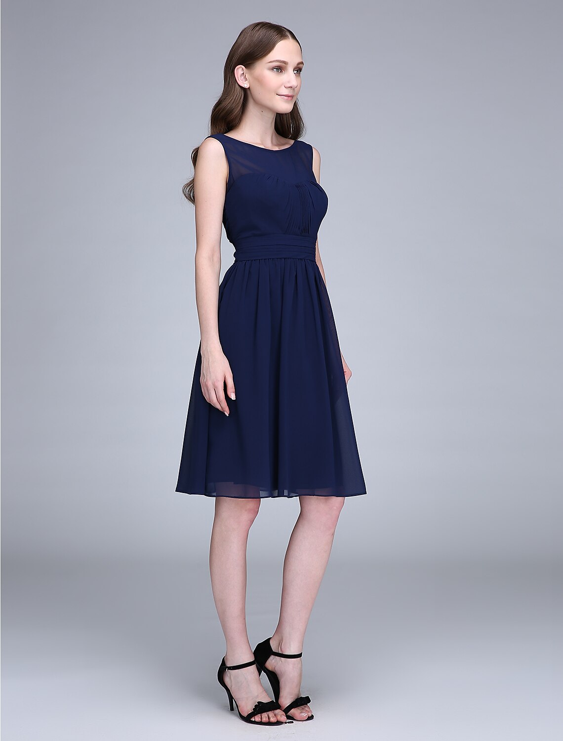 A-Line Bridesmaid Dress Jewel Neck Sleeveless Knee Length Chiffon with Ruched