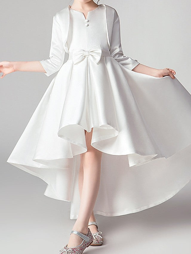 Two Piece Asymmetrical Polyester 3/4 Length Sleeve Jewel Neck With Bow(S) & Pleats